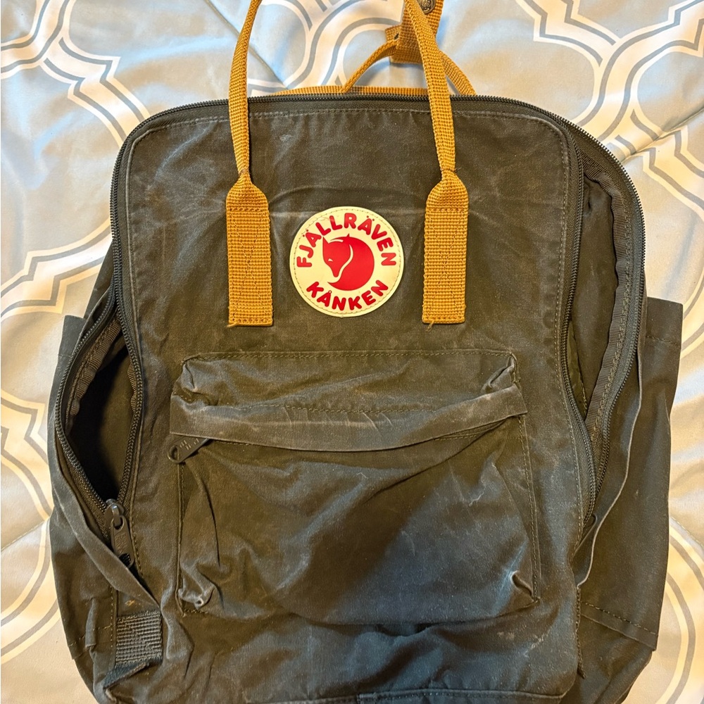 Fjallraven Kånken Dark Green Backpack with Tan Straps
